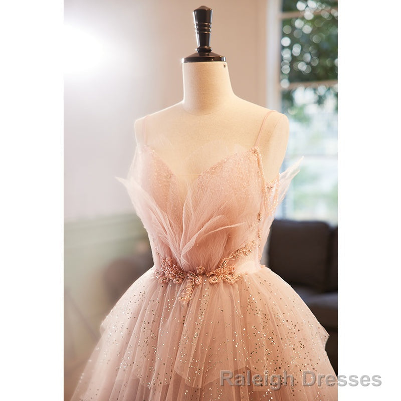 Pink Beaded V Neckline Tulle Prom Dress, Tulle Layers Sweet 16 Dress