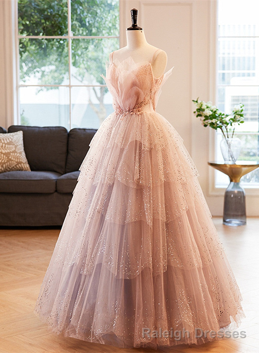 Pink Beaded V Neckline Tulle Prom Dress, Tulle Layers Sweet 16 Dress Main image
