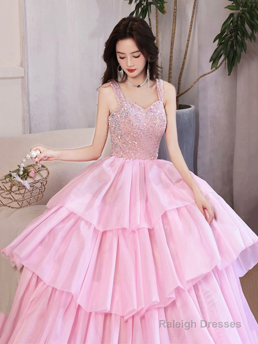 Pink/Blue Tulle Layers Long A-Line Prom Dress, A-Line Spaghetti Strap Sequins Evening Dress Secondary image