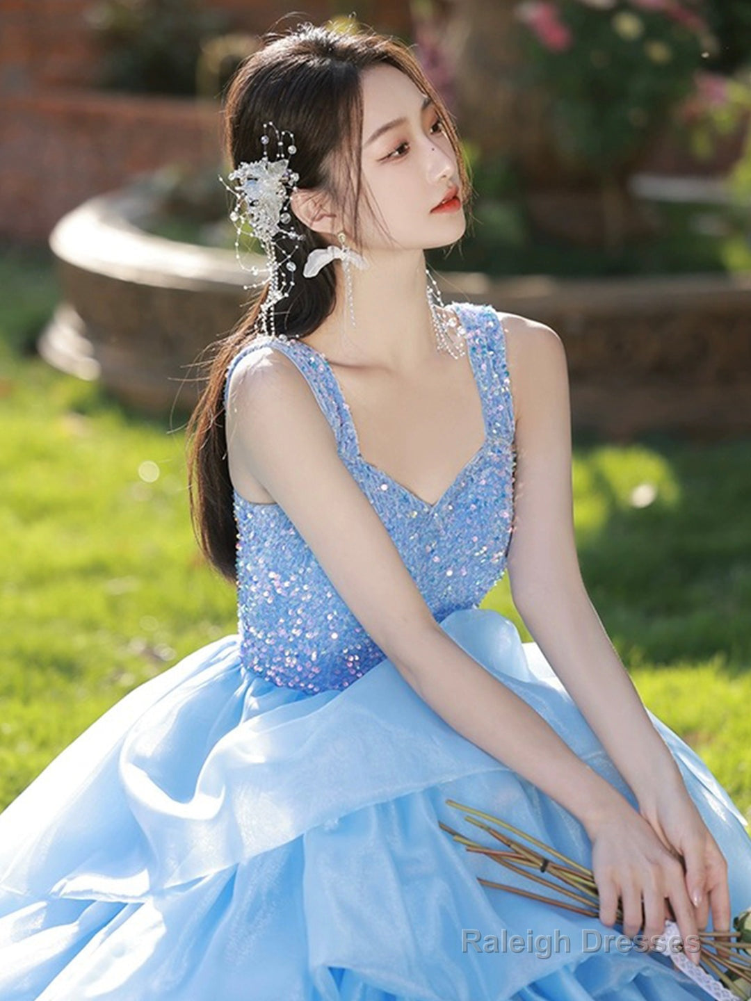 Pink/Blue Tulle Layers Long A-Line Prom Dress, A-Line Spaghetti Strap Sequins Evening Dress