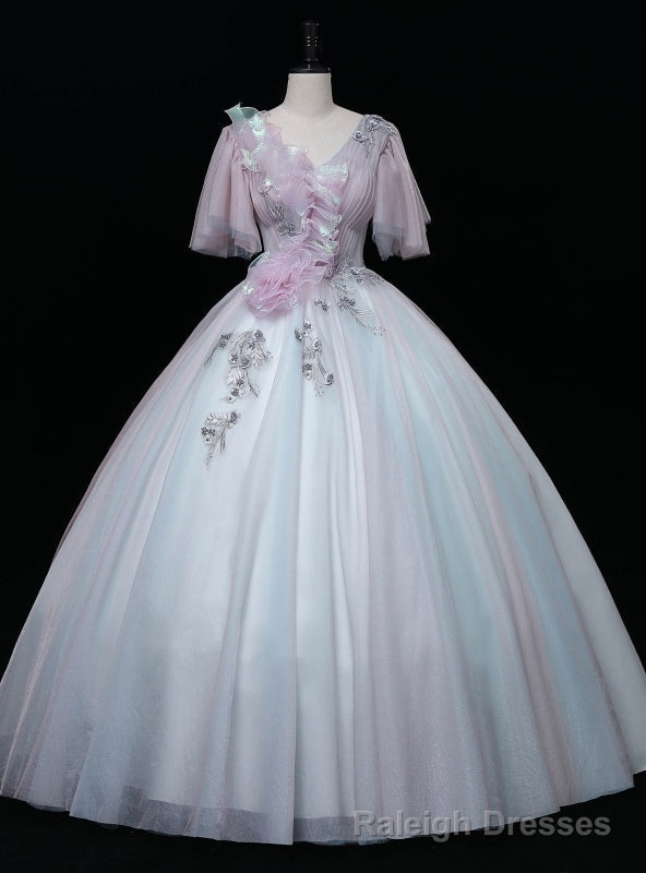 Pink Blue Tulle V Neck Pleats Quinceanera Dress