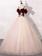 Pink/Burgundy Tulle Long Prom Dresses, A-Line Formal Sweet 16 Dress with Lace