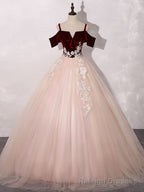 Pink/Burgundy Tulle Long Prom Dresses, A Line Formal Sweet 16 Dress with Lace