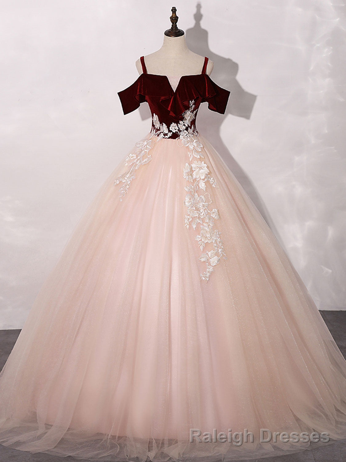 Pink/Burgundy Tulle Long Prom Dresses, A Line Formal Sweet 16 Dress with Lace