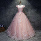Pink Cap Sleeves Ball Gown Tulle With Lace Sweet 16 Dresses, Long Quinceanera Dresses