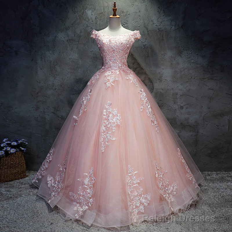 Pink Cap Sleeves Ball Gown Tulle With Lace Sweet 16 Dresses, Long Quinceanera Dresses