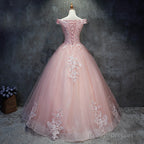 Pink Cap Sleeves Ball Gown Tulle With Lace Sweet 16 Dresses, Long Quinceanera Dresses