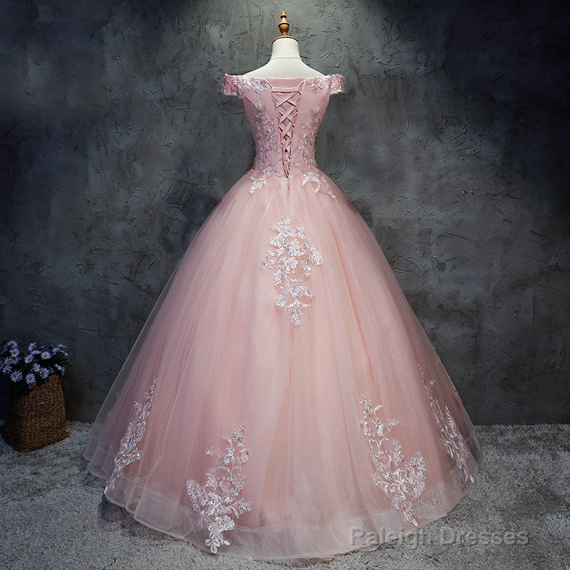 Pink Cap Sleeves Ball Gown Tulle With Lace Sweet 16 Dresses, Long Quinceanera Dresses