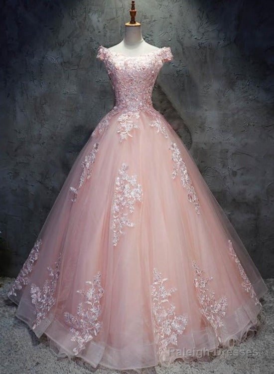 Pink Cap Sleeves Ball Gown Tulle With Lace Sweet 16 Dresses, Long Quinceanera Dresses Main image