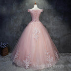 Pink Cap Sleeves Ball Gown Tulle With Lace Sweet 16 Prom Dress Long Quinceanera Dress