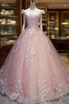 Pink Cap Sleeves Ball Gown Tulle With Lace Sweet 16 Prom Dresses, Long Quinceanera Dresses