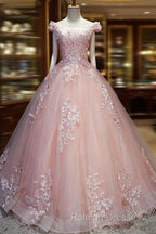 Pink Cap Sleeves Ball Gown Tulle With Lace Sweet 16 Prom Dress Long Quinceanera Dress