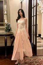 Pink Chiffon And White Lace Straps A-Line Prom Dresses Long Chic Prom Dresseses