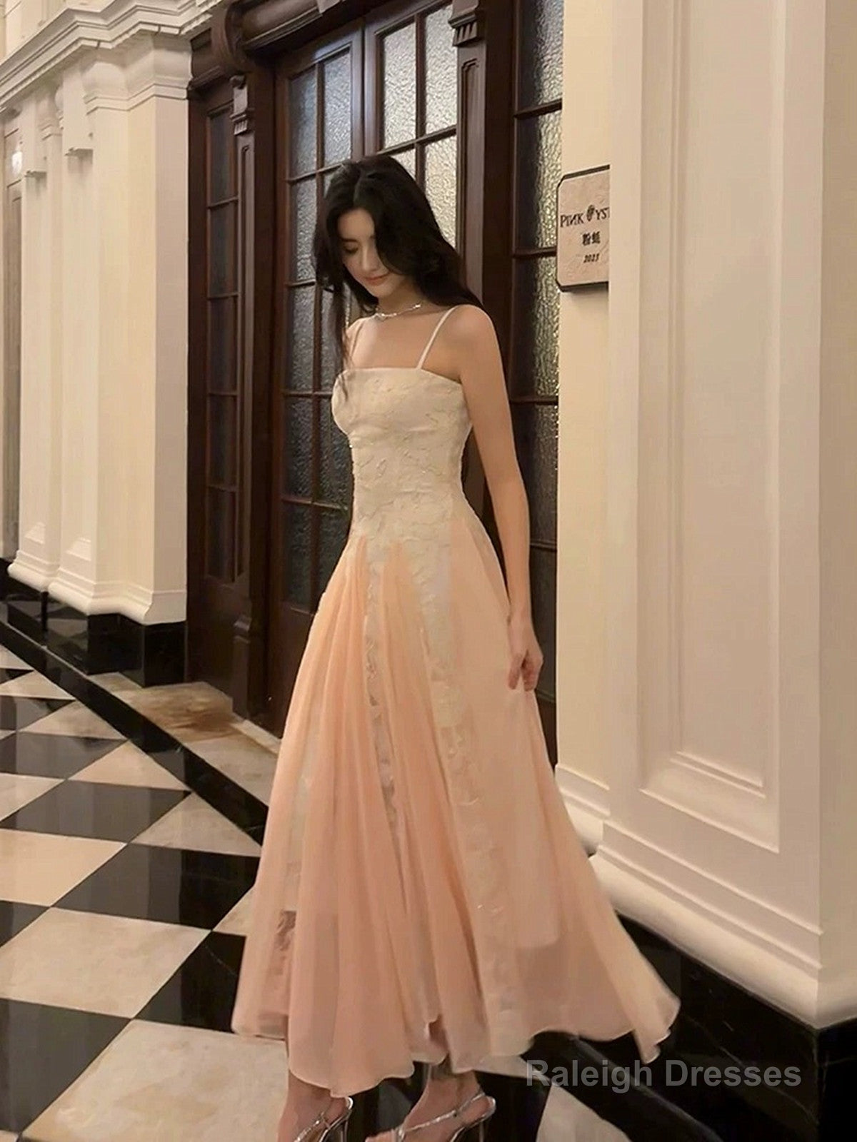 Pink Chiffon And White Lace Straps A-Line Prom Dresses Long Chic Prom Dresseses Main image