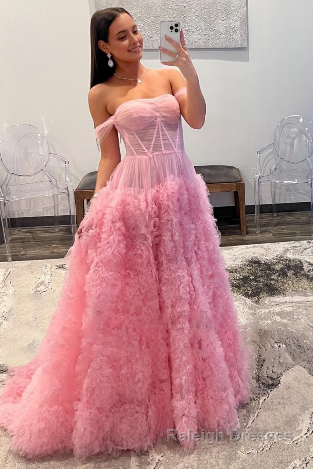 Pink Corset Off the Shoulder Long Prom Dress with Ruffles Main image
