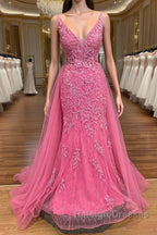 Pink Corset Prom Dress Elegnat A Line Deep V Neck Party Evening Dress with Appliques