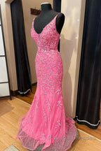 Pink Corset Prom Dresses Elegnat A Line Deep V Neck Prom Dresses with Appliques