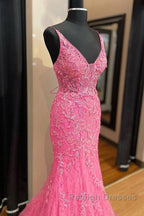 Pink Corset Prom Dresses Elegnat A Line Deep V Neck Prom Dresses with Appliques
