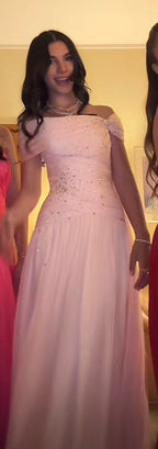 Pink Elegant A-Line Off The Shoulder Beaded Chiffon Long Prom Dresses Prom Dresses