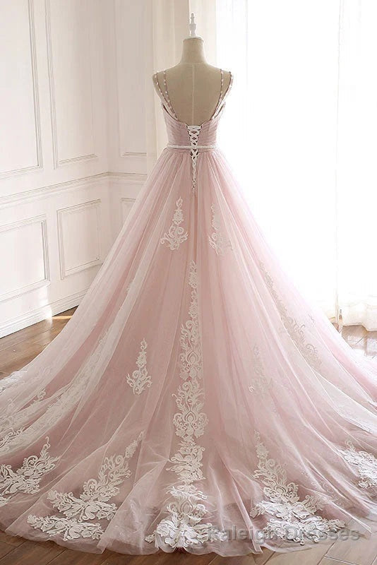 Pink Elegant Tulle V Neckline Straps Prom Dress with Lace Pink Sweet 16 Dress prom dresses shops
