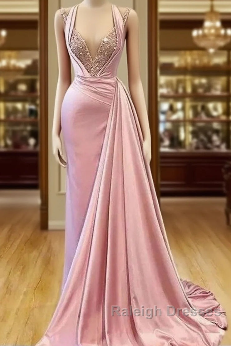 Pink Evening Dresses A-Line V-Neck Floor Length Sequins Long Turkey Dubai Saudi Arabic Evening Gown Prom Dresses