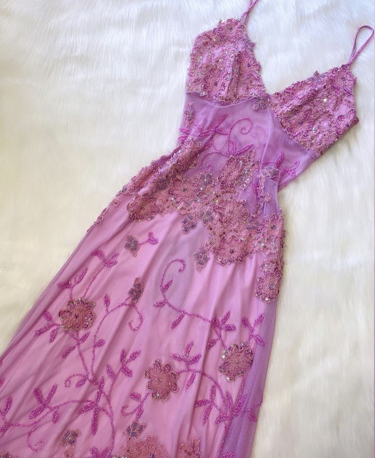 Pink Fashion Exquisite Beaded Spaghetti Strap A-Line Lace Floor Length Elegant Ball Gown Evening Dress