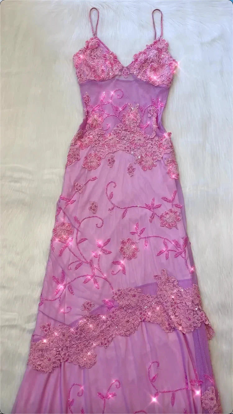 Pink Fashion Exquisite Beaded Spaghetti Strap A-Line Lace Floor Length Elegant Ball Gown Evening Dress