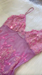 Pink Fashion Exquisite Beaded Spaghetti Strap A-Line Lace Floor Length Elegant Ball Gown Evening Dress