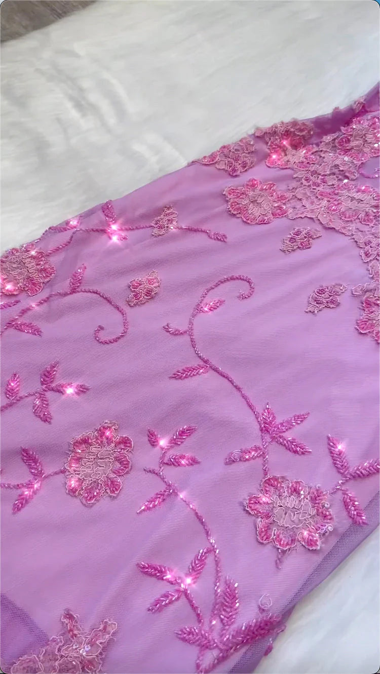 Pink Fashion Exquisite Beaded Spaghetti Strap A-Line Lace Floor Length Elegant Ball Gown Evening Dress