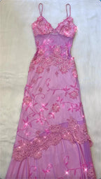 Pink Fashion Exquisite Beaded Spaghetti Strap A-Line Lace Floor Length Elegant Ball Gown Evening Dress