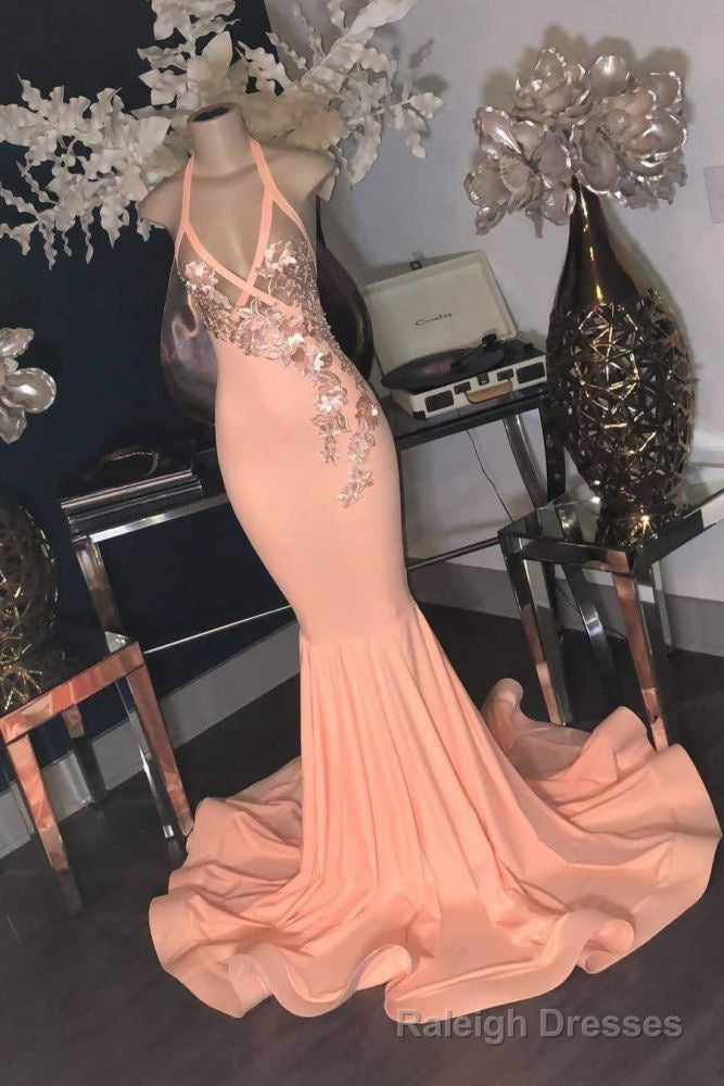 Pink Floral Appliques V-neck Halter Floor Length Mermaid Prom Gowns Main image