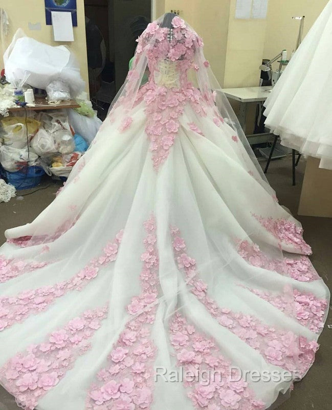 Pink Floral Flowers Long Sleeves Organza Wedding Dresses Ball Gowns Secondary image