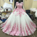 Pink Floral Flowers Long Sleeves Organza Wedding Dresses Ball Gown