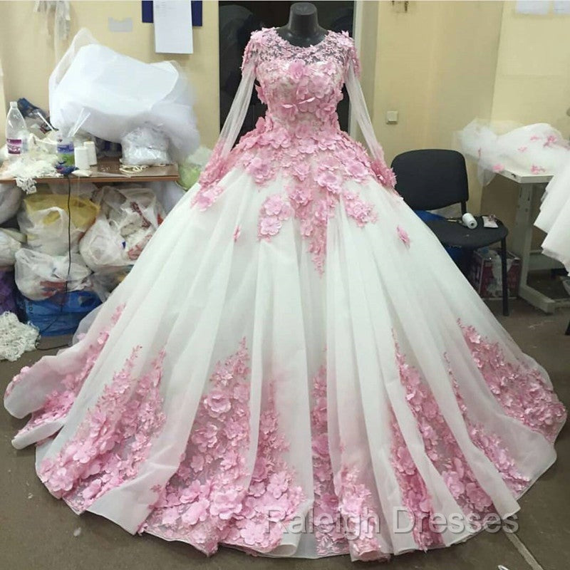 Pink Floral Flowers Long Sleeves Organza Wedding Dresses Ball Gown