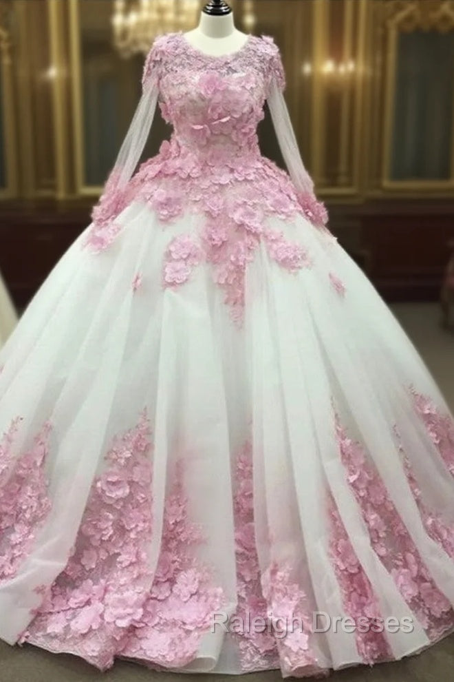 Pink Floral Flowers Long Sleeves Organza Wedding Dresses Ball Gown
