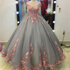 Pink Floral Lace Appliques Gray Tulle Ball Gown Wedding Dress