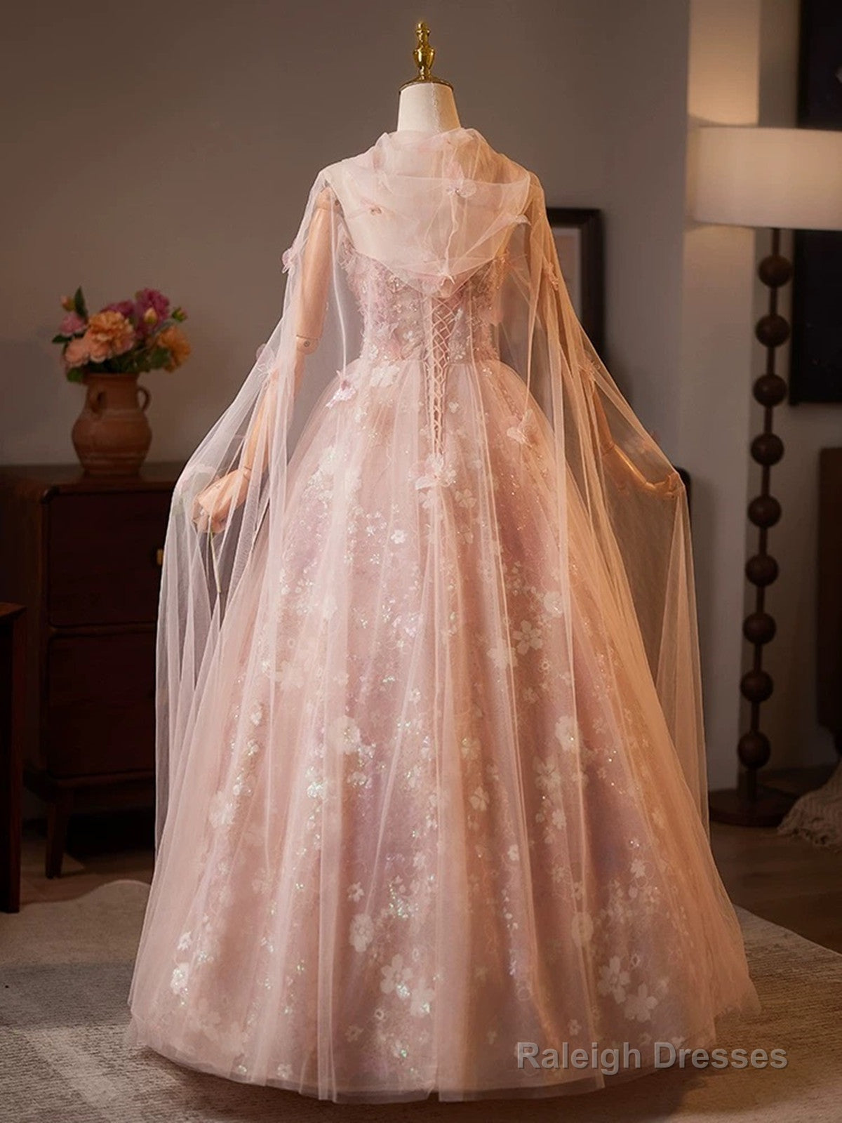 Pink Floral Lace Long Party Dress, A-Line Tulle Pink Formal Gown With Cape