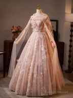 Pink Floral Lace Long Party Dress, A-Line Tulle Pink Formal Gown With Cape