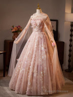 Pink Floral Lace Long Prom Dresses A-Line Tulle Pink Prom Gowns With Cape