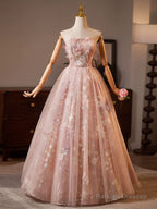 Pink Floral Lace Long Party Dress, A-Line Tulle Pink Formal Gown With Cape