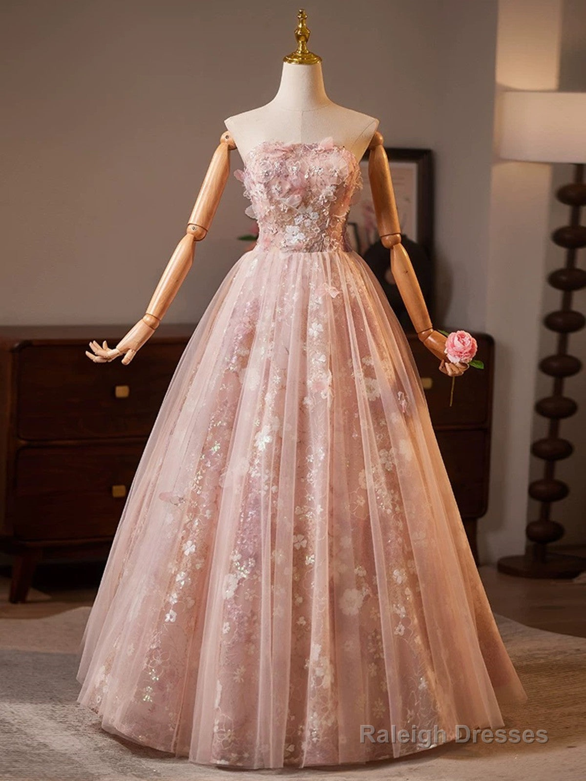 Pink Floral Lace Long Party Dress, A-Line Tulle Pink Formal Gown With Cape