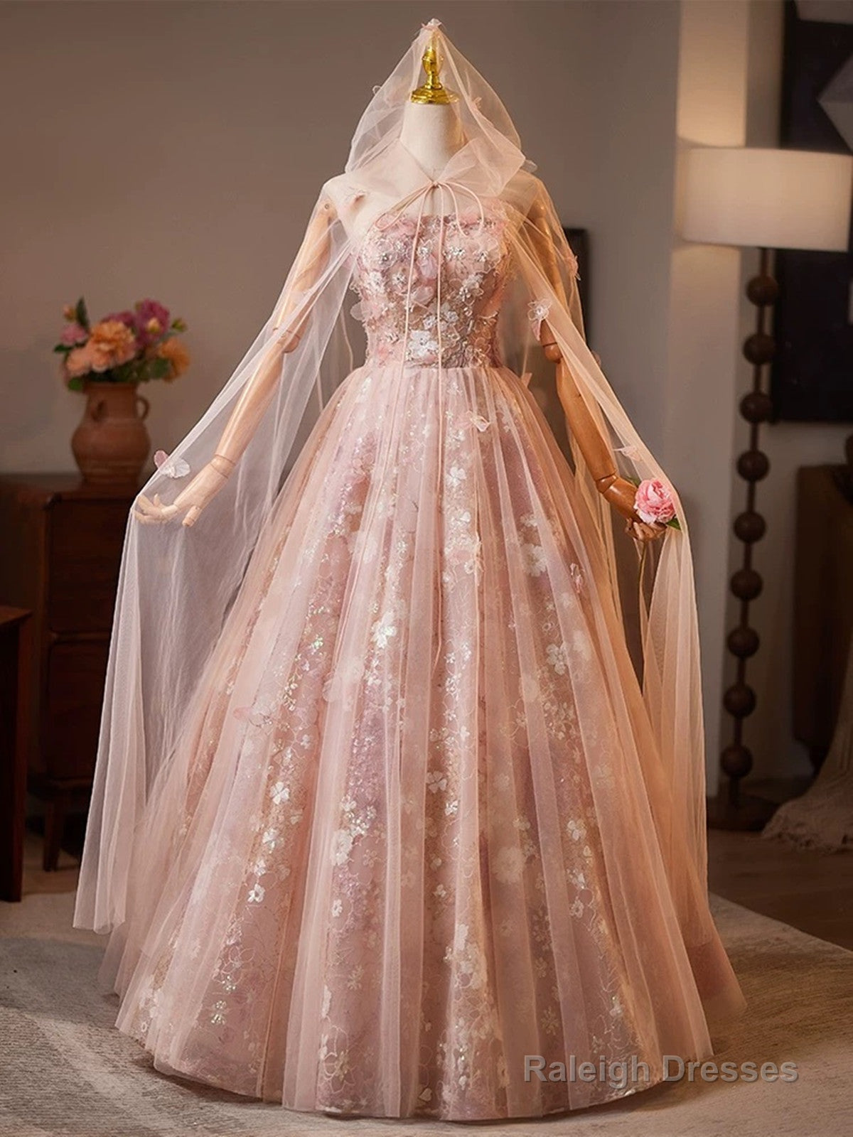 Pink Floral Lace Long Party Dress, A-Line Tulle Pink Formal Gown With Cape Main image