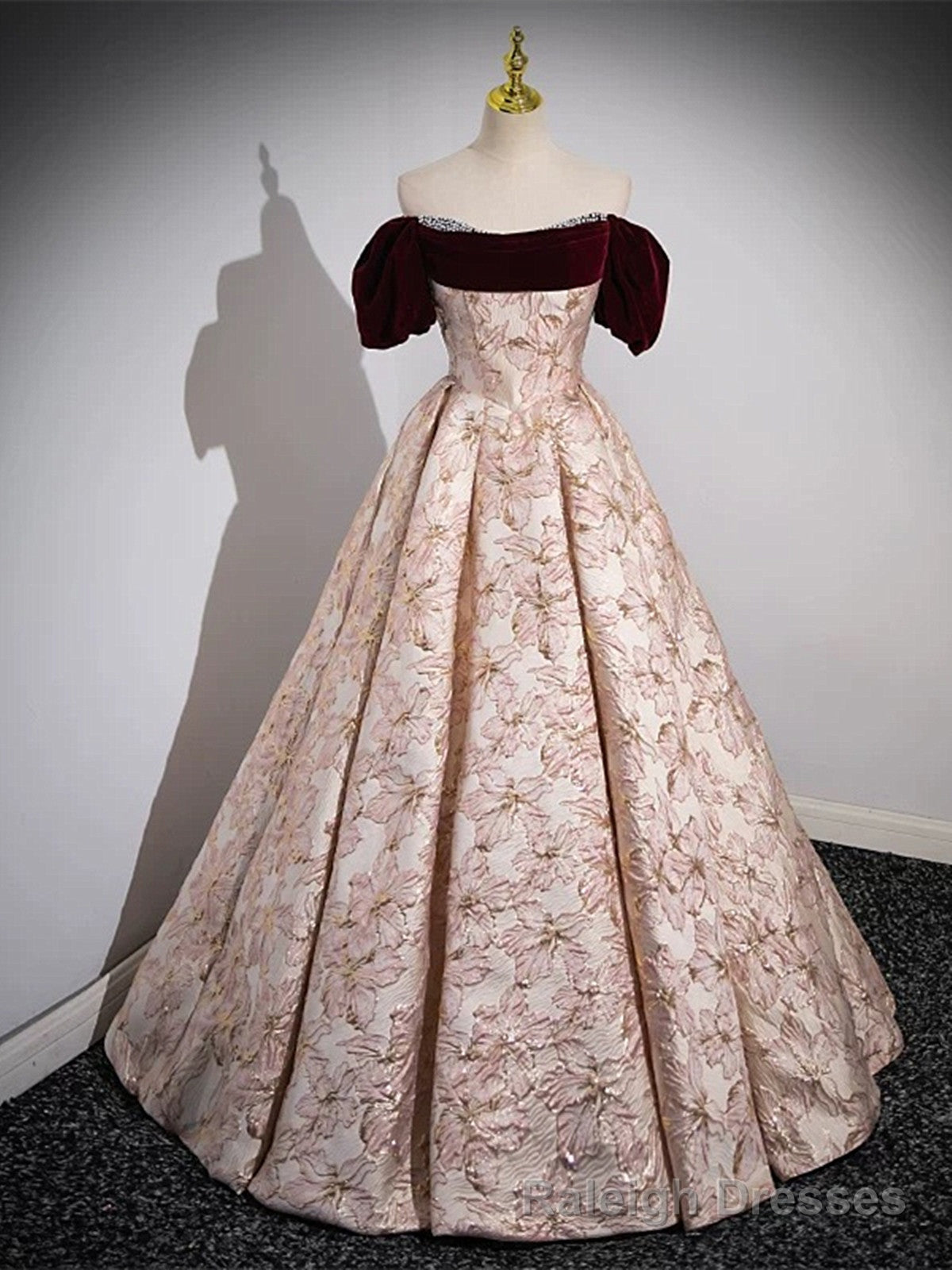Pink Floral Off Shoulder Beaded Long Prom Dress, Pink Floor Length Prom Dress Main image