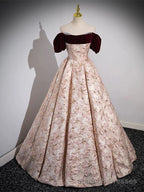 Pink Floral Off Shoulder Beaded Long Prom Dress, Pink Floor Length Prom Dress