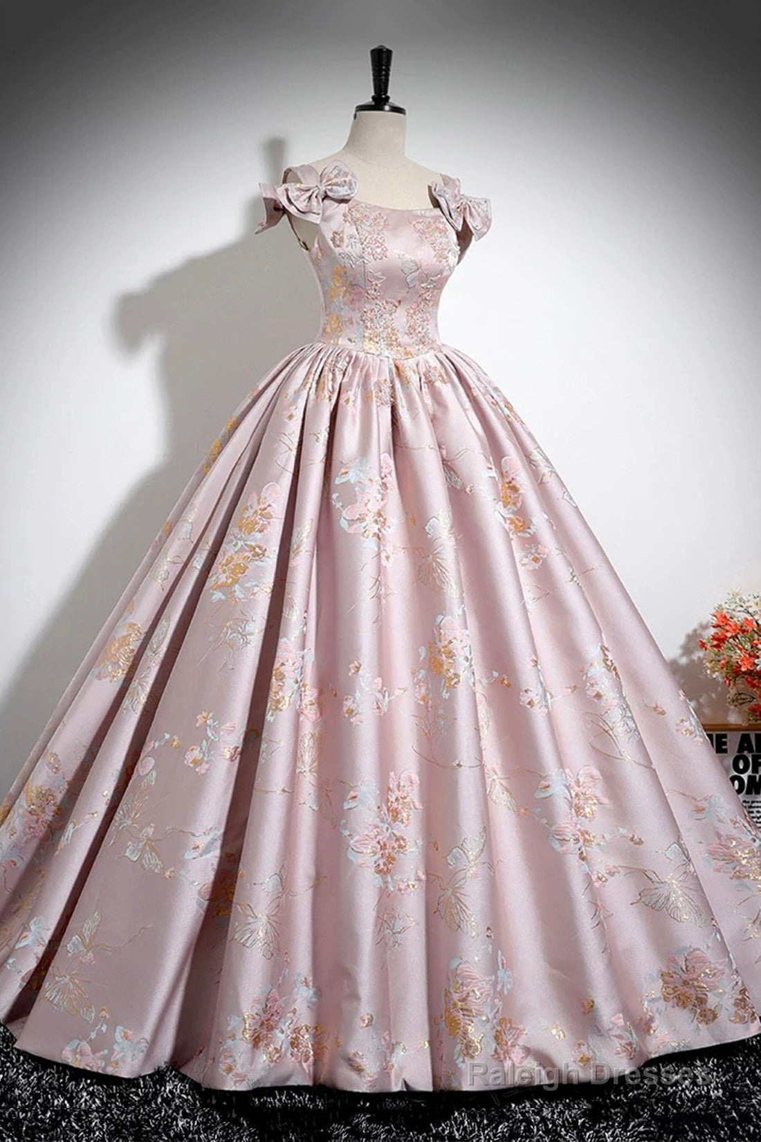 Pink Floral Satin Long Prom Dresses Beautiful A-Line Prom Dresses With Bow
