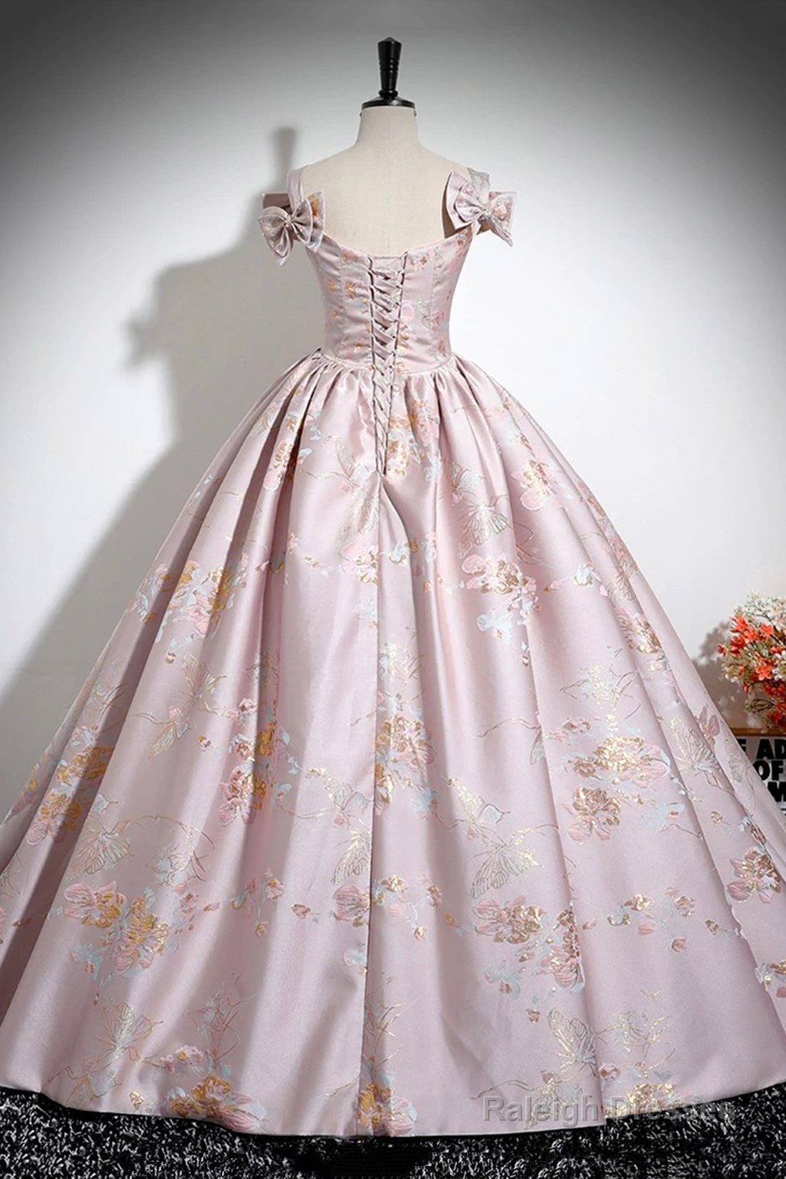 Pink Floral Satin Long Prom Dress, Beautiful A-Line Evening Dress With Bow