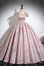 Pink Floral Satin Long Prom Dress, Beautiful A-Line Evening Dress With Bow