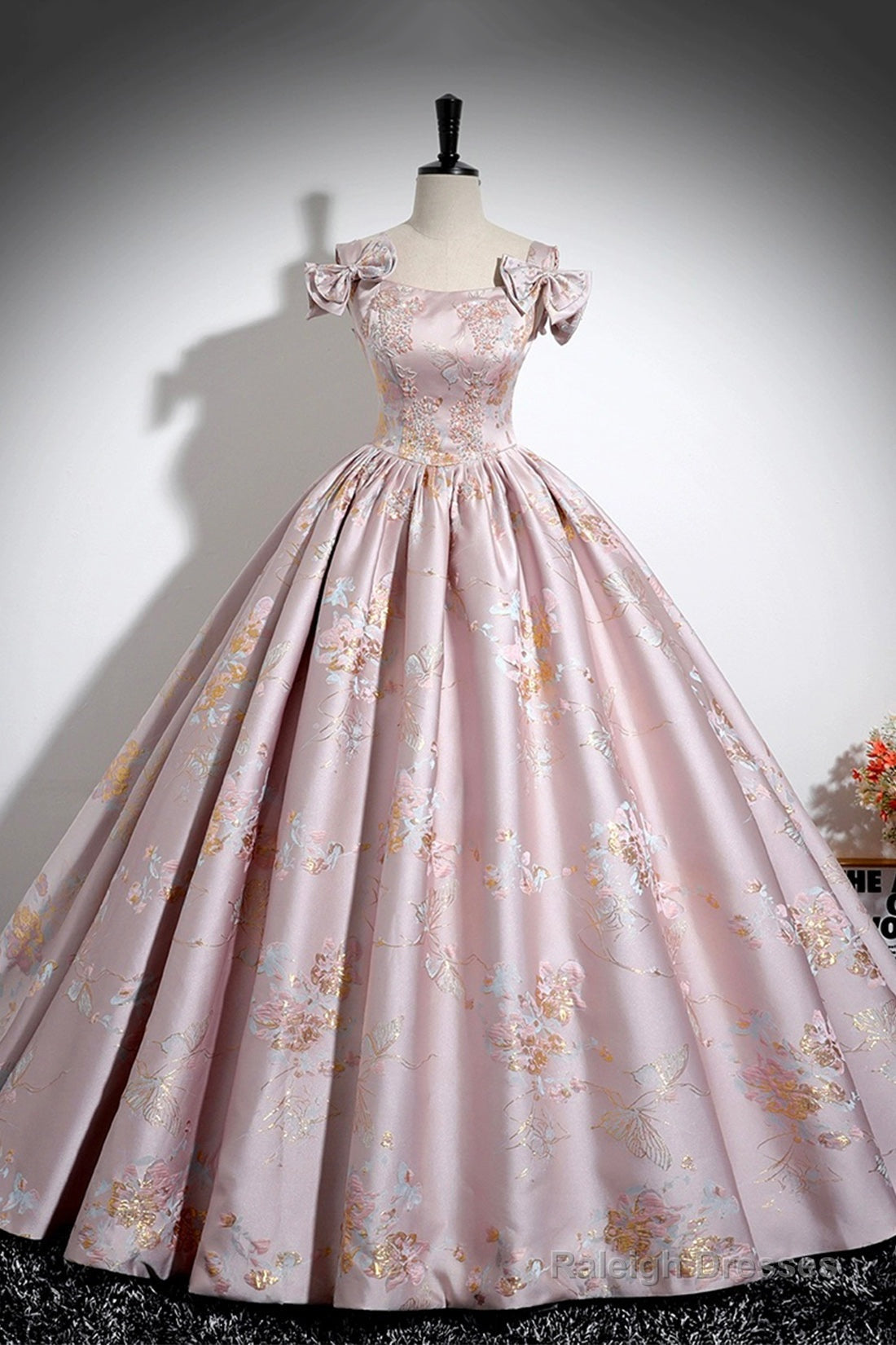 Pink Floral Satin Long Prom Dress, Beautiful A-Line Evening Dress With Bow