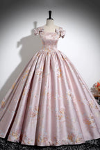 Pink Floral Satin Long Prom Dresses Beautiful A-Line Prom Dresses With Bow