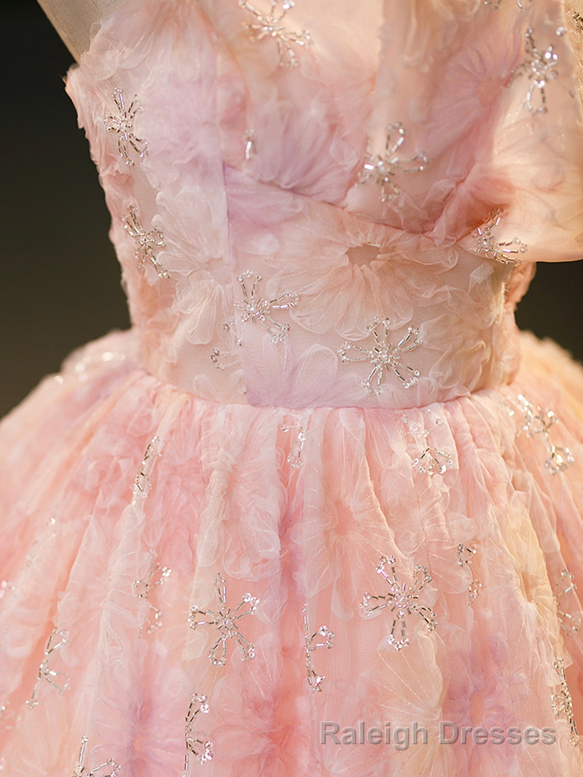 Pink Flower Long Princess Dress, Pink Strapless Formal Prom Dress